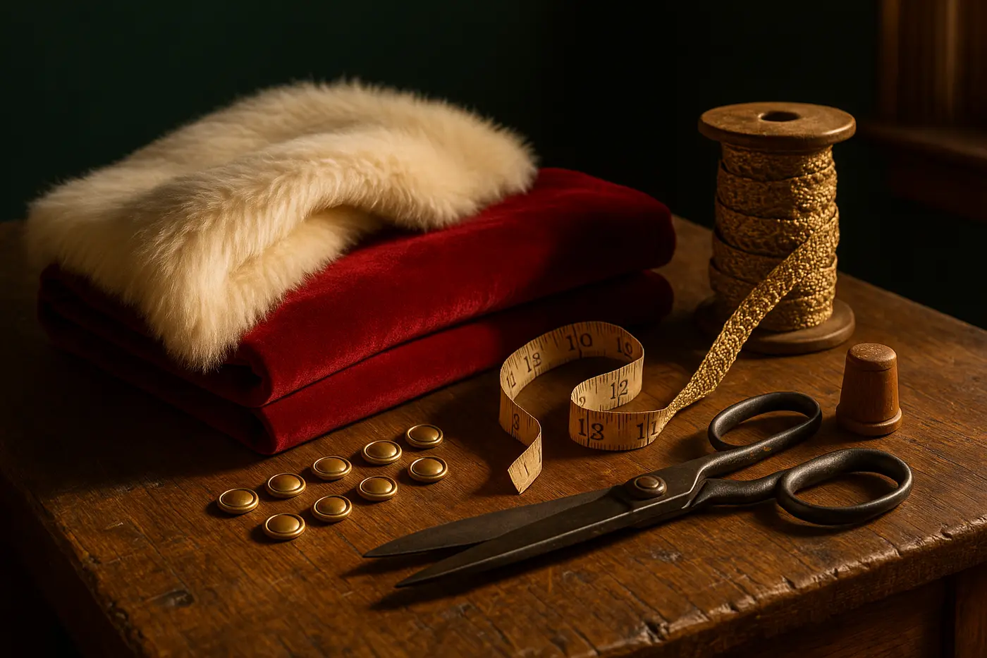 Scarlet velvet, ivory fur, gold braid, brass buttons, a tape measure and tailor's shears on a wooden worktable