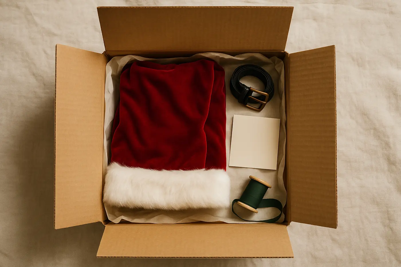 An open shipping box lined with tissue paper holding a folded red velvet Santa coat with white fur trim and a black leather belt