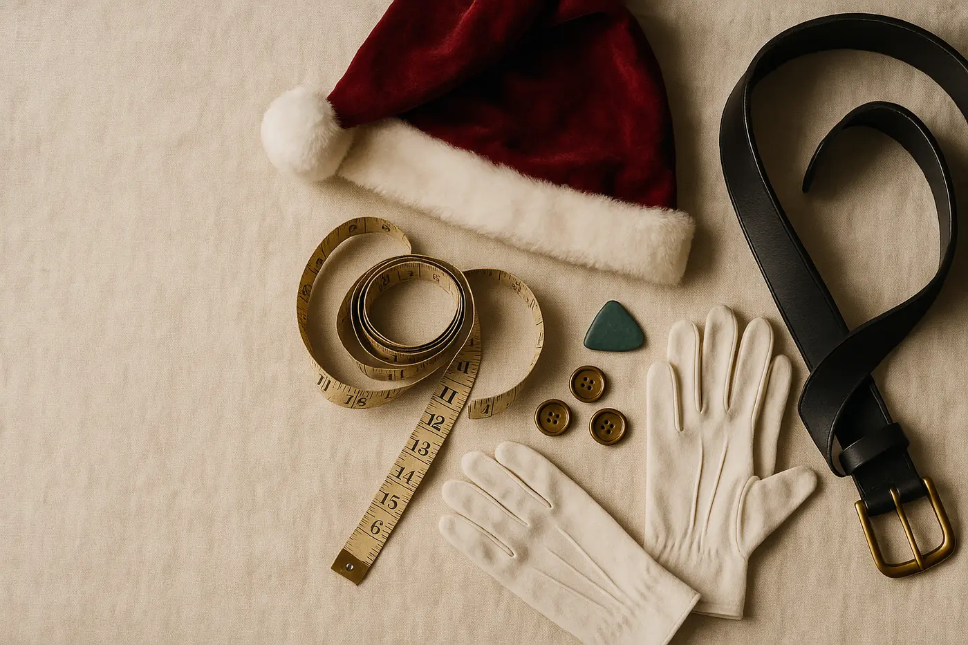 A tailor's measuring tape on cream linen beside a red velvet Santa hat, a black leather belt with a brass buckle and white cotton gloves