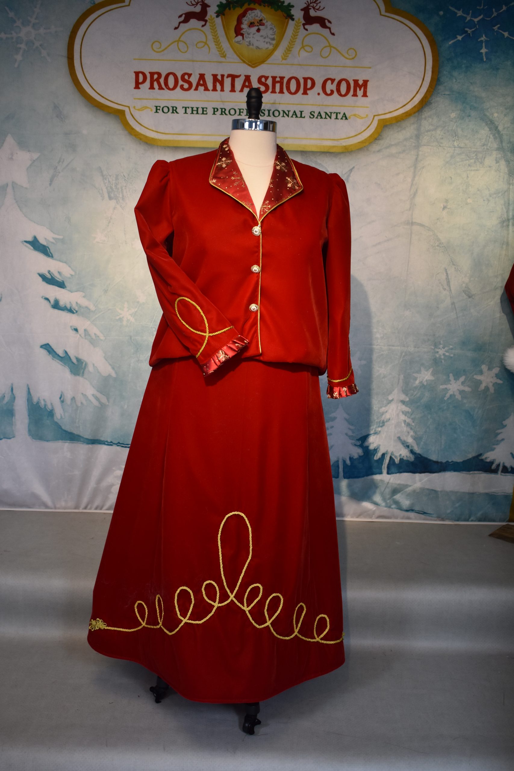 Magical Mrs. Claus Scarlet velvet Jacket with skirt trimmed in red and gold snowflakes, gold ...