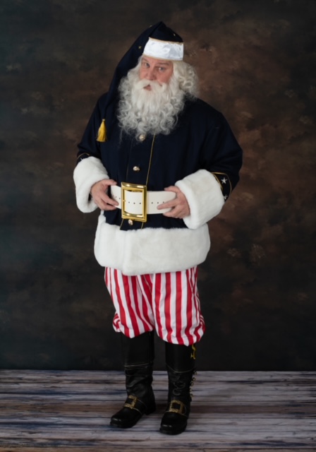 Christmas in July Navy wool Santa suit, Striped pants, Navy hat and Holiday themed waistcoat and shirt.