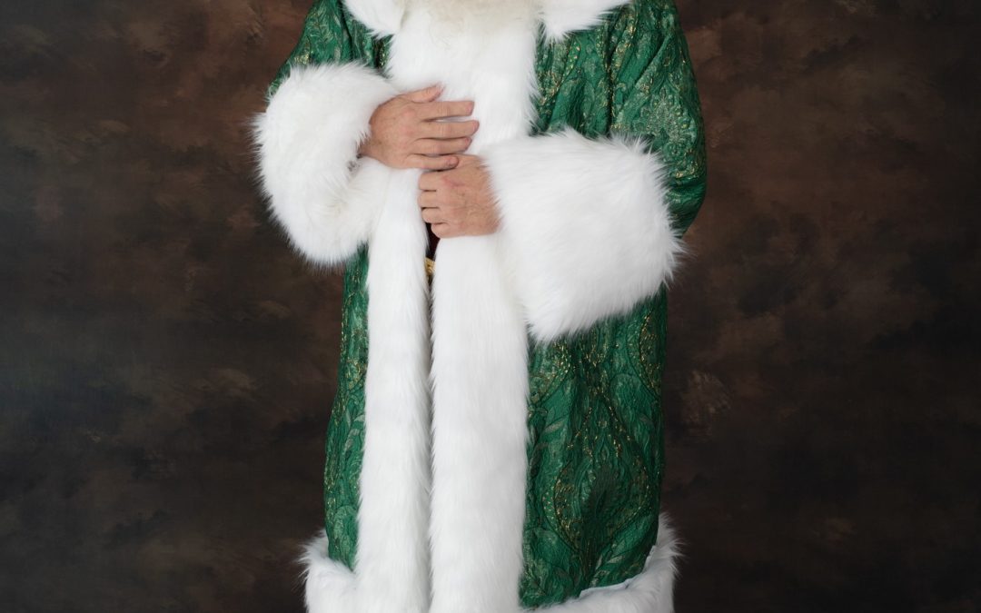 Emerald green and gold robe with white detachable fur