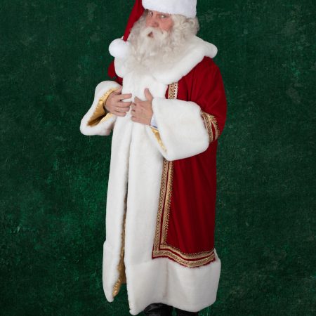 Xmas red velvet suit with a flared front is piped with a gold panel down  the front to highlight the buttons is done in polar bear fur. - Pro Santa  Shop