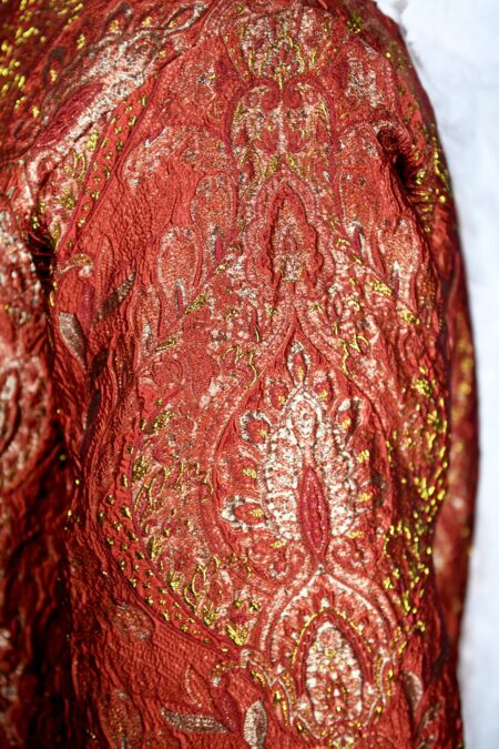 Elegant Red Brocade Robe with Gold Swirls and Rabbit Fur Trim - Image 3