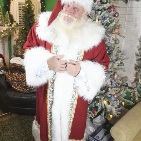 X-Mas Red Wool Melton Robe with Polar Bear Fur and Holly Trim
