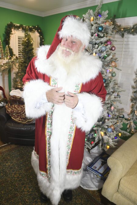 X-Mas Red Wool Melton Robe with Polar Bear Fur and Holly Trim