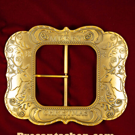 "Merry Christmas" buckle in four finishes (Gold, Antique Gold, Silver, Antique Silver)