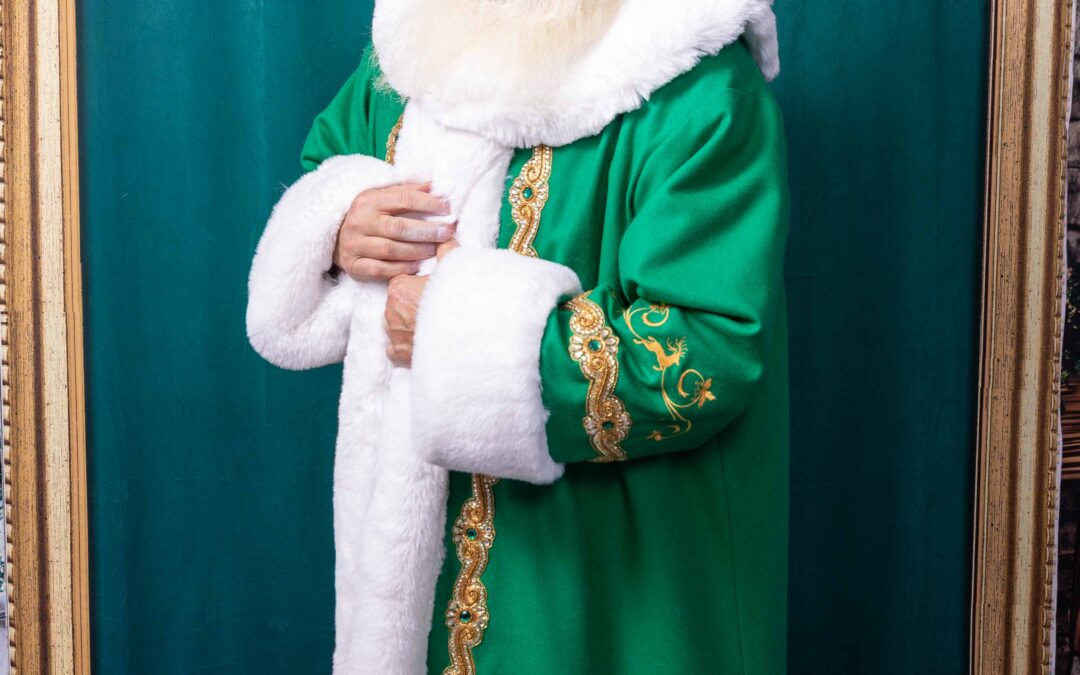 Emerald Green Wool Robe with royal trim and galloping Reindeer in Gold Thread