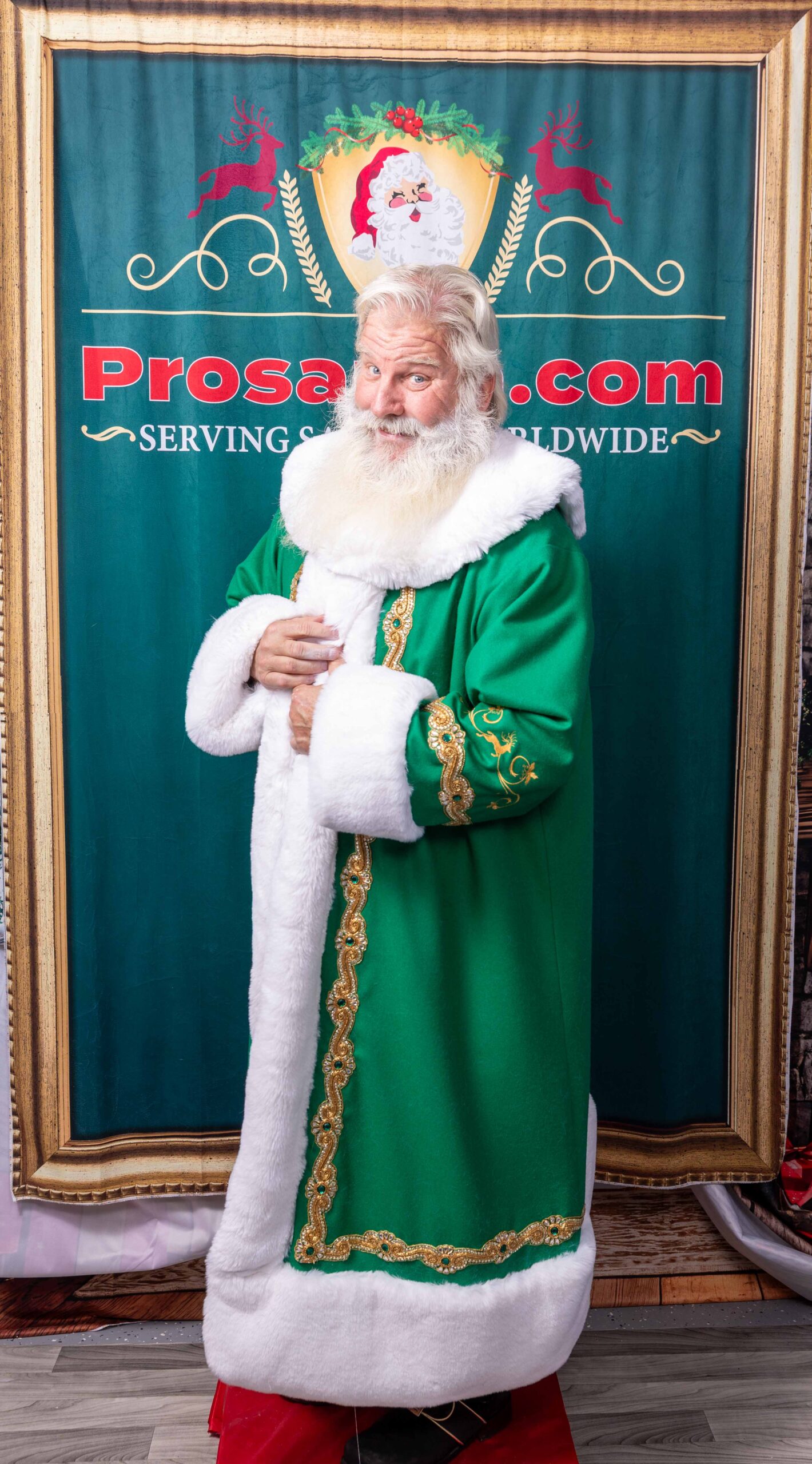 Emerald Green Wool Robe with royal trim and galloping Reindeer in Gold Thread